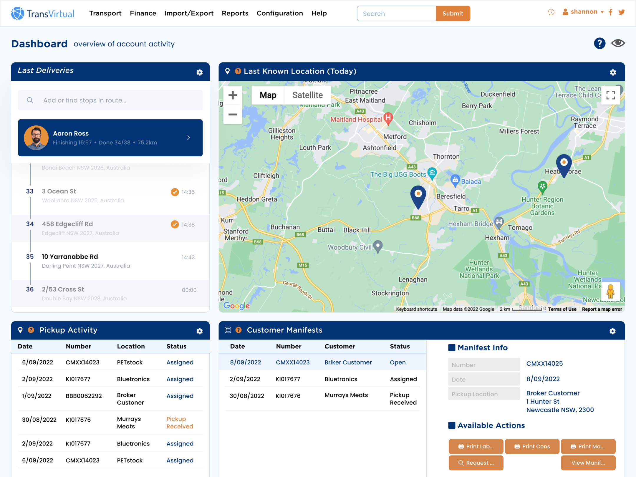logisitics software dashboard screen overview of account pickup activity last known location status
