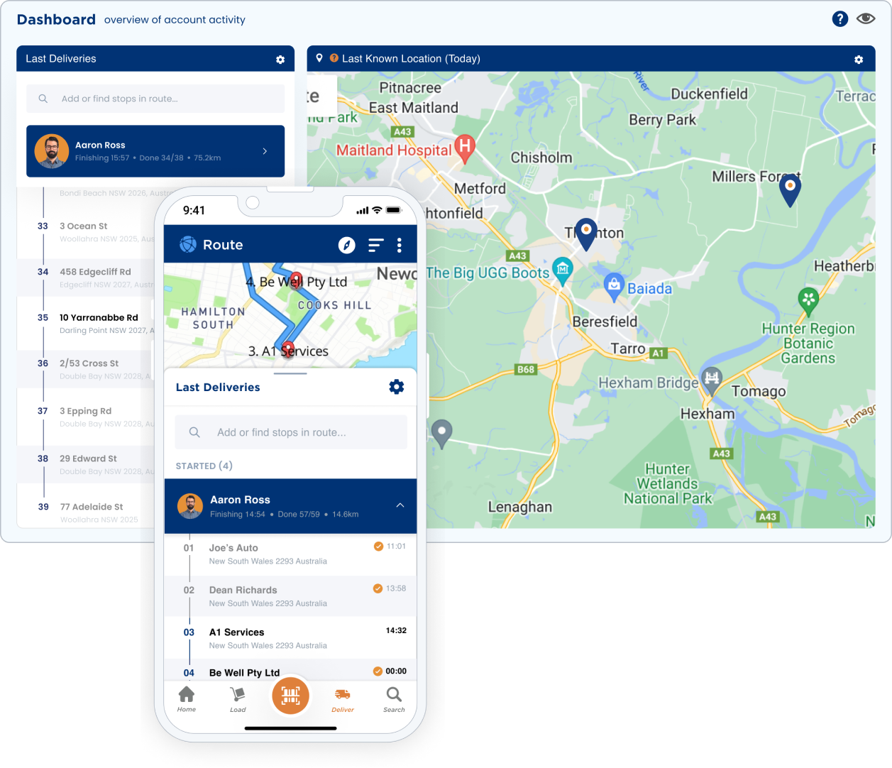Map displaying optimized delivery routes with waypoints and estimated delivery times