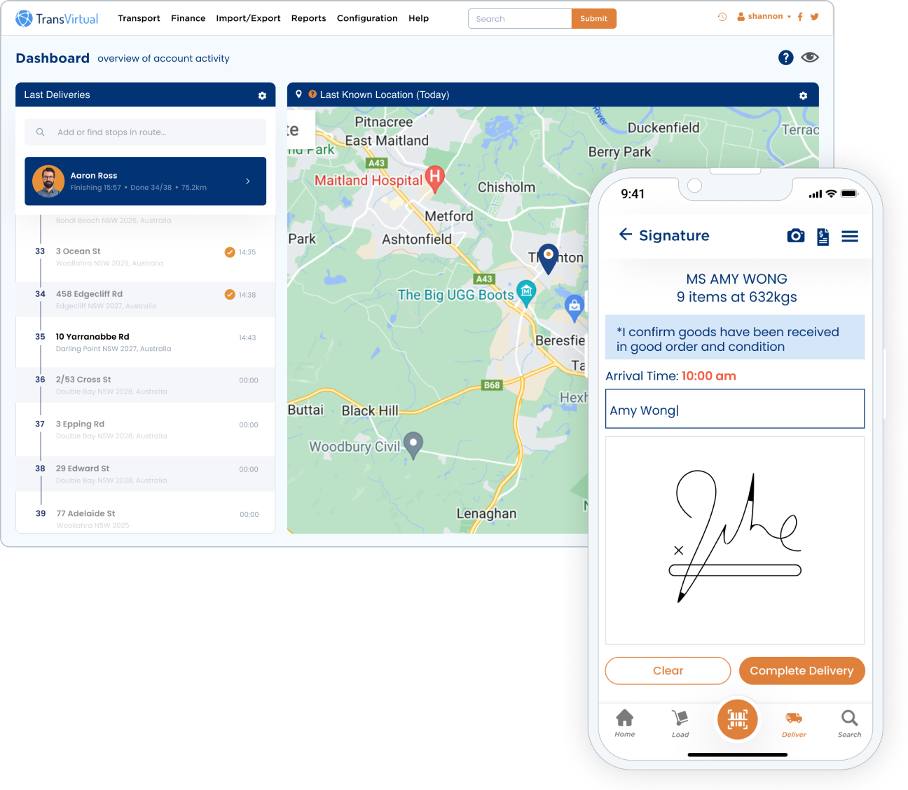 Image of screens for route optimization and sign-on-glass in logistics