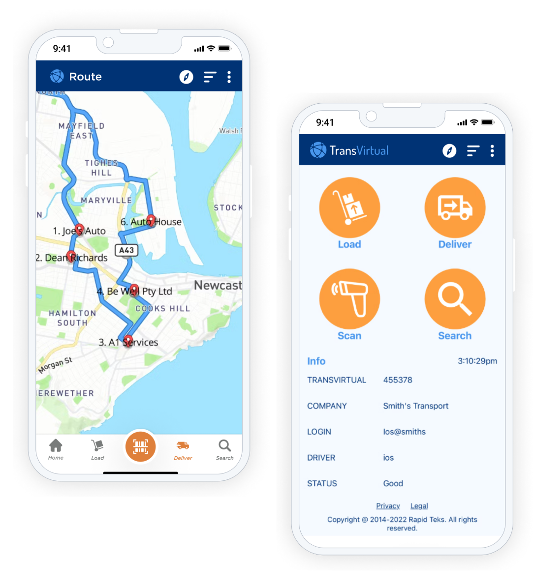 A picture of logistics software with optimized routes on a map and a barcode scanner