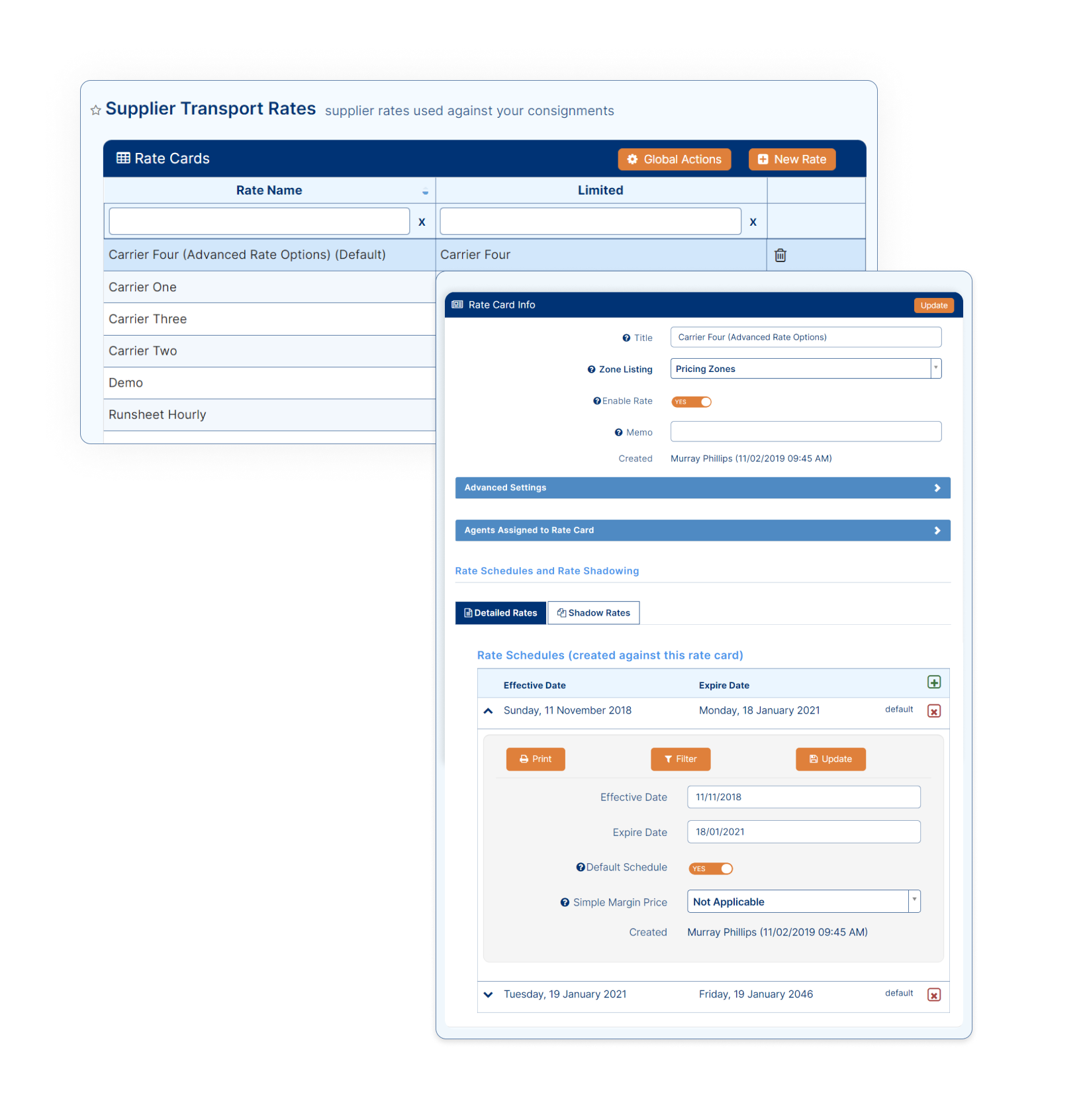 image depicting a Rate Cards interface within logistics software, displaying pricing and rate information for various shipping services and routes