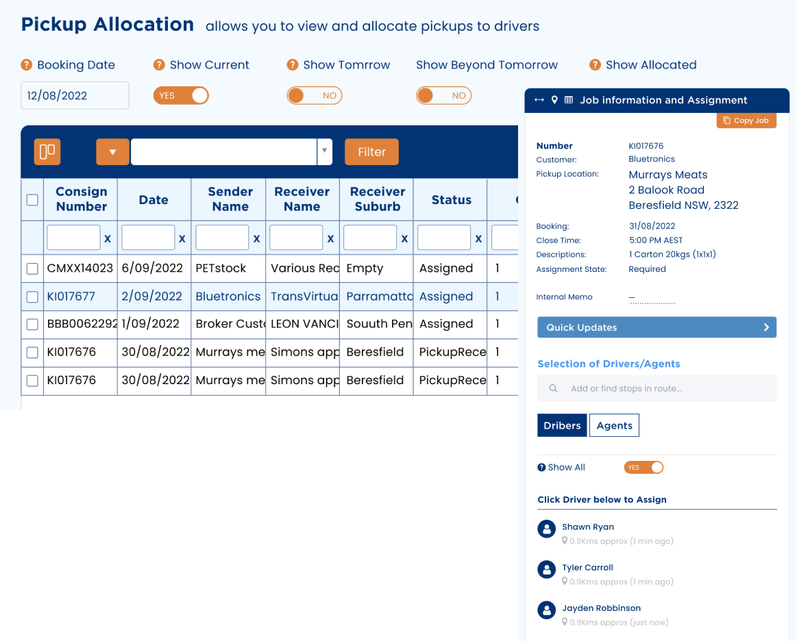 Logistics Software Pickup Allocation View: Visual representation of pickup point allocation on a digital map