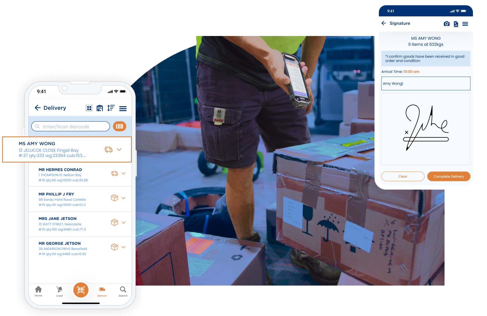 man scanning packages proof of delivery signature