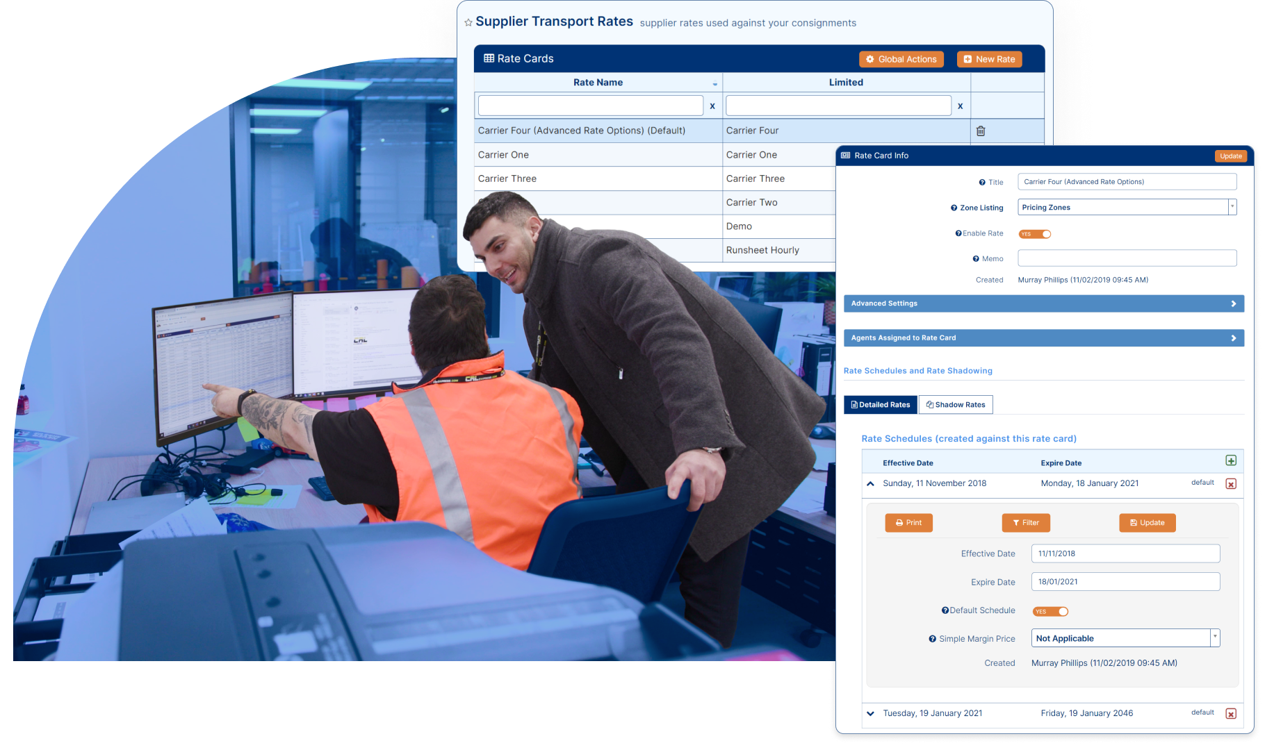 employees discussing rate cards through logistics software