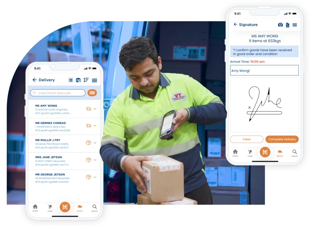 logistics man scanning barcodes upon delivery / customer sign on glass