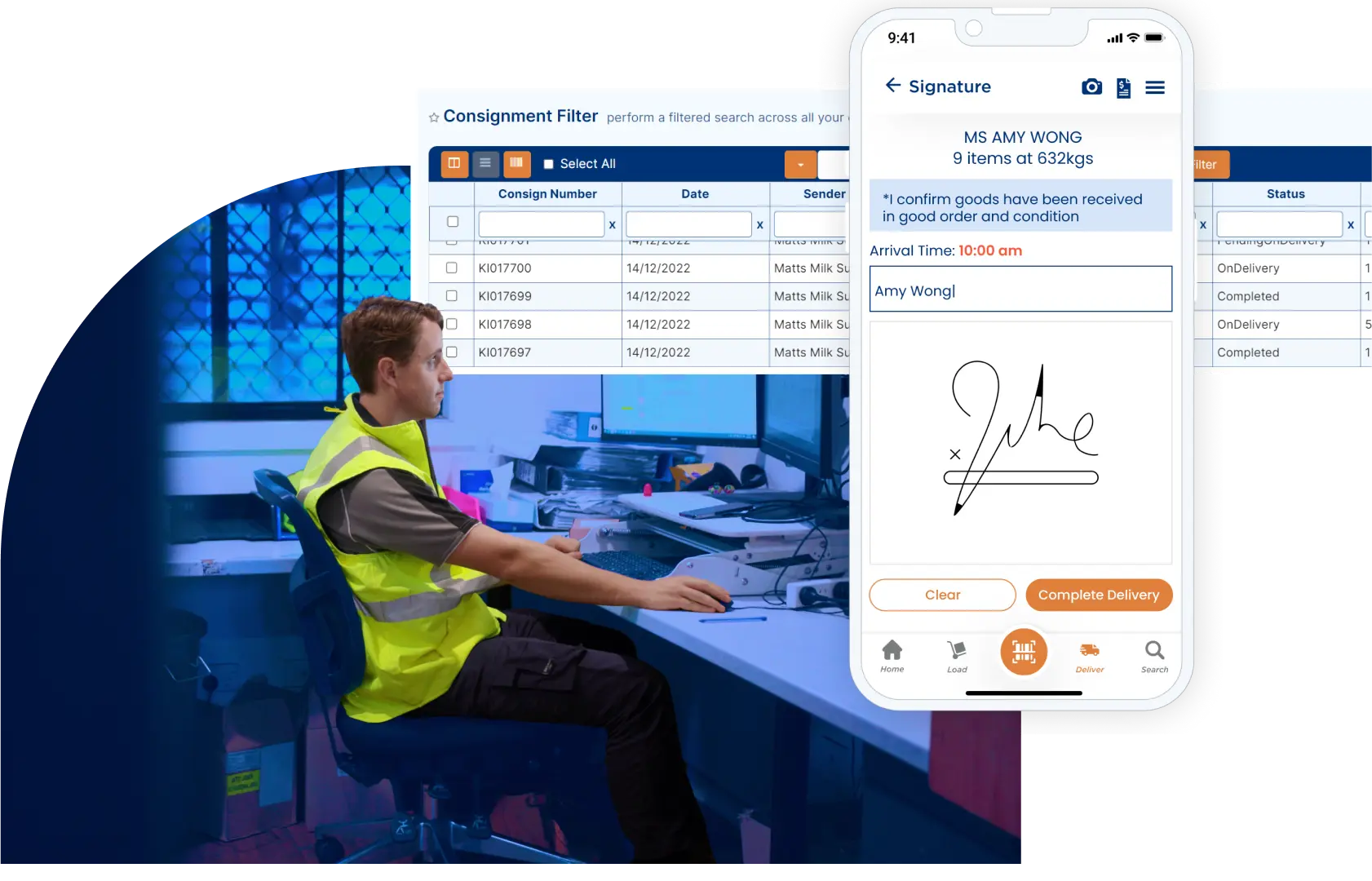 Freight Forwarding - man using computer in office warehouse showing automation dashboard, customer signature