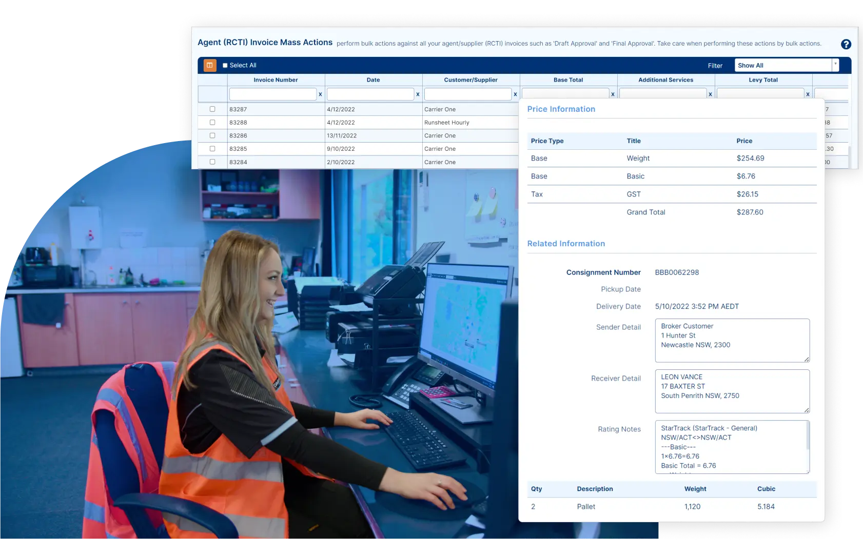 freight consolidation - female employee uses computer in office warehouse showing invoice dashboard
