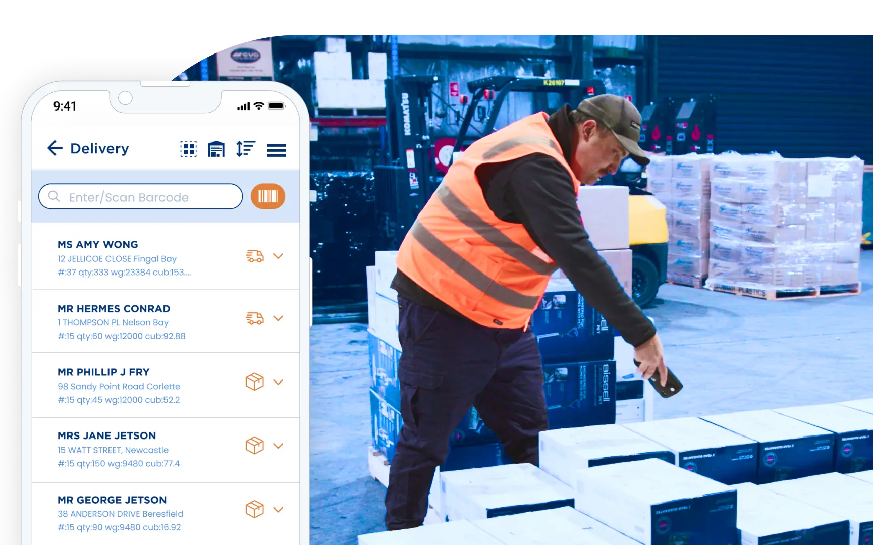 delivery driver scanning barcodes in warehouse