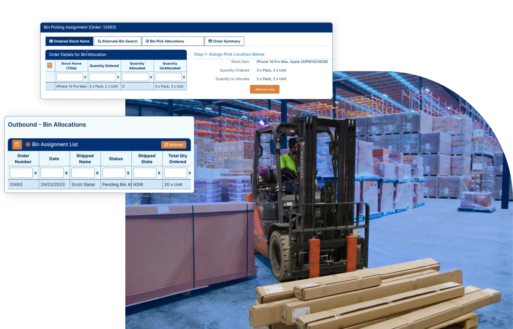 freight consolidation - man using forklift in warehouse + allocation dashboard