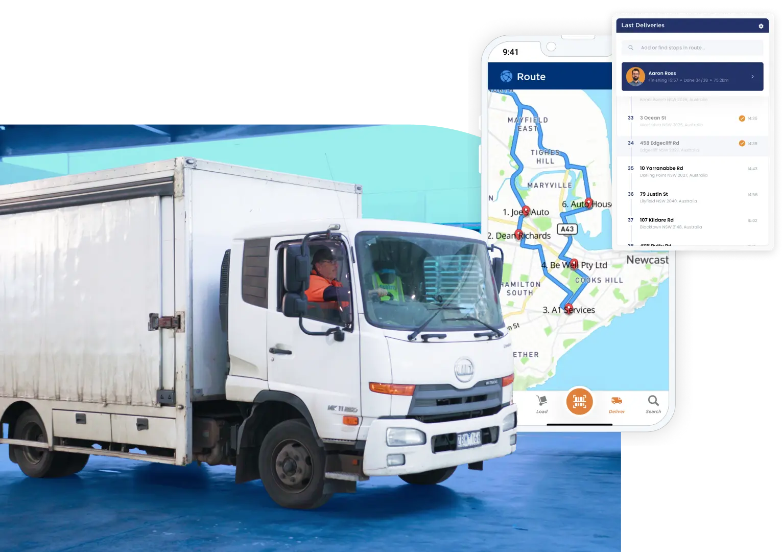 Freight Forwarding - driver on delivery truck ready for dispatch and route optimisation dashboard