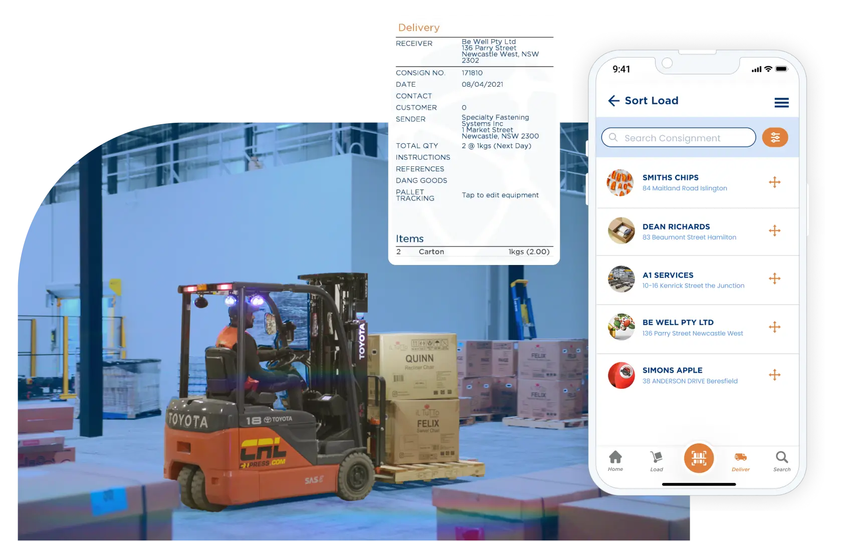 freight consolidation - man using forklift truck in warehouse + sort load dashboard
