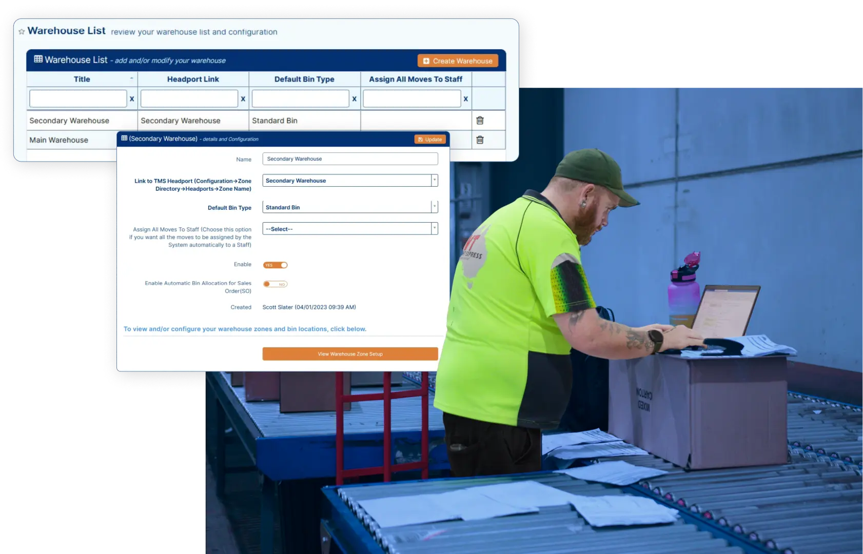 Freight Forwarding - employee warehouse using laptop, integration dashboard