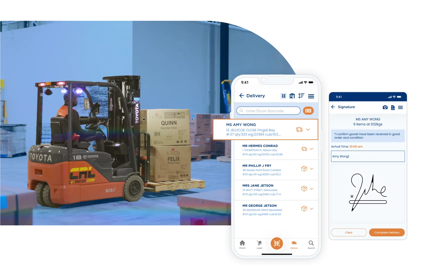 freight forwarding - man using forklift truck in warehouse + proof of delivery dashboard with signature