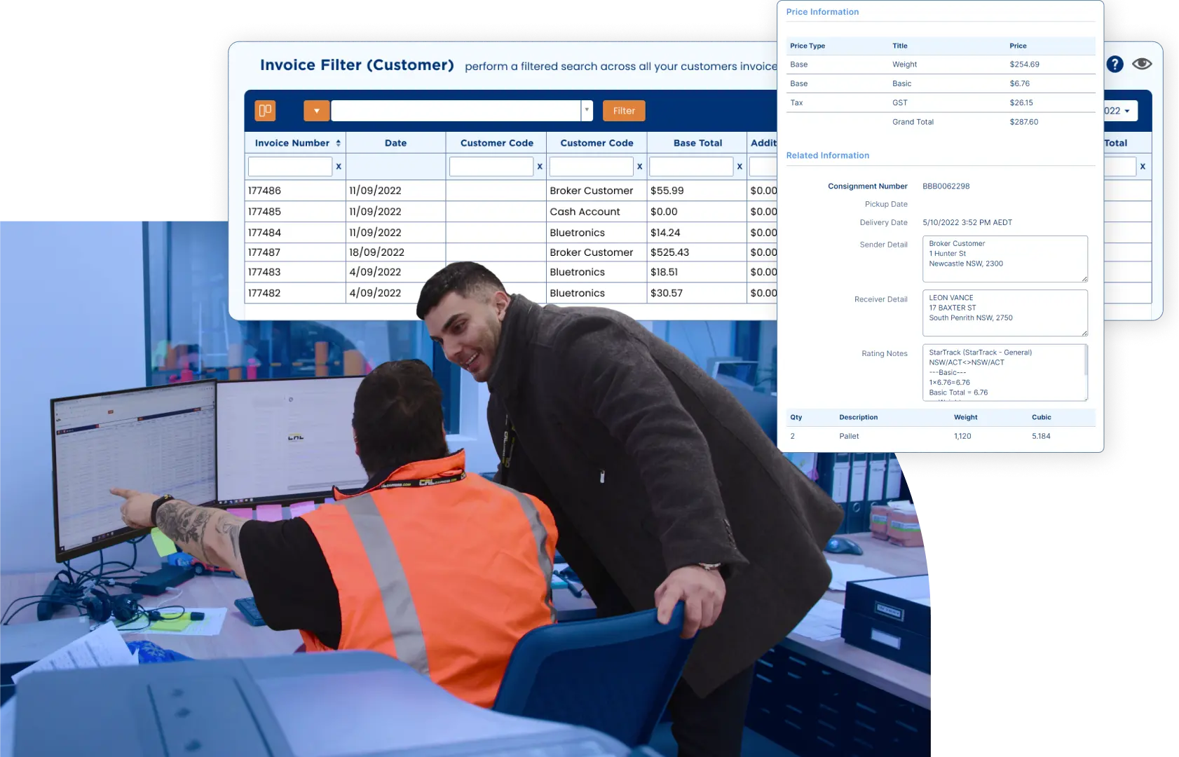 Freight Forwarding - two employees discussing in front of the computer, invoice dashboard