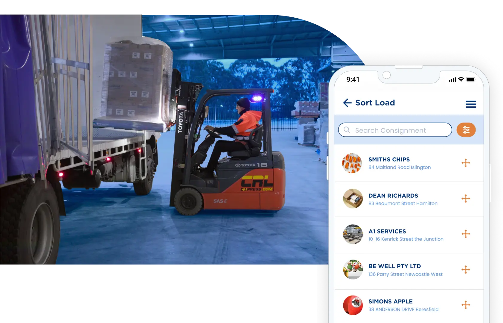freight consolidation - man using forklift truck in warehouse + grouping and dispatch dashboard
