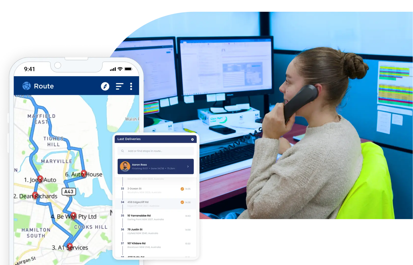 freight consolidation - admin on phone using computer + route optimisation dashboard