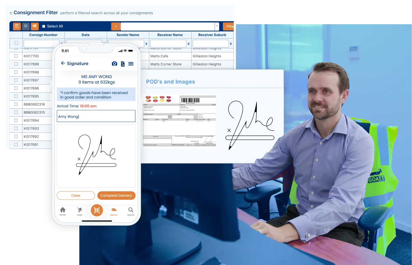 Freight Forwarding - employee using computer in office, consignment dashboard, customer signature