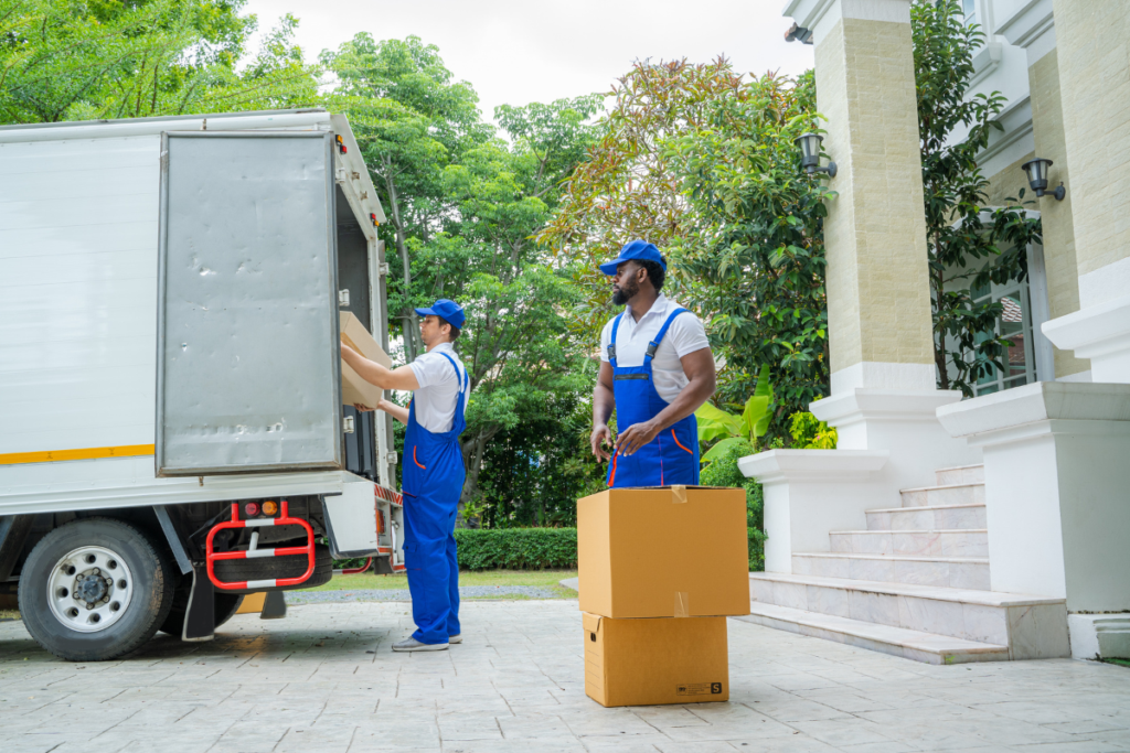 Two courier delivery staff unloading boxes